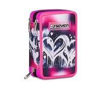 Seven PLUMPY LINE GIRL 3 Zip School Case, Pink, Equipped Pen Holder, Triple Compartment, 45 Pieces, Complete with Pens, Pencils and Colours, Accessories Backpack, Elementary School, Kindergarten, Girl