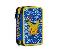 Seven Pokemon 3 Zip Pencil Case, Triple Compartment, Complete with Pencils, Marker, Colours, Backpack Accessories, Elementary, Medium, Top, Pikachu, Children and Girls, Yellow/Blue