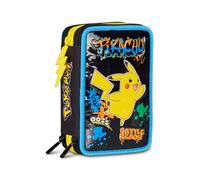 Seven Pokémon 3 Zip School Case, Black, Triple Compartment Pen Holder Complete with Pens, Pencils, Colours, Accessories, Elementary Schools, Children, Black, Taglia Unica, Modern
