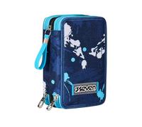 Seven Primary School Pencil Case, 3 Compartments, Pencils, Markers, Children, True Blue/Vintage White, One Size, Casual