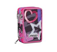 Seven School Pencil Case 3 Compartments, Black, Pink, Modern, Triple Pen Holder with Pens, Pencils, Colours, Backpack Accessories, Elementary, Medium, Top, Girls