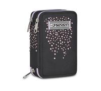 Seven School Pencil Case 3 Zip, Black, 45 Pieces with Crayons, Markers, Pens and Accessories, 3 Compartments, Girls and Girls