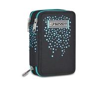 Seven School Pencil Case 3 Zip, Black, 45 Pieces with Crayons, Markers, Pens and Accessories, 3 Compartments, Girls and Girls
