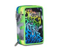Seven School Pencil Case 3 Zip, Black Green, Triple Compartment Pen Holder Complete With Pens, Pencils, Colours, Accessories Backpack, Elementary School, Children, Black, Taglia Unica