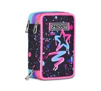 Seven School Pencil Case 3 Zip, Black, Triple Compartment with Pens, Pencils, Colours, Backpack Accessories, Elementary Schools, Girls