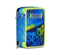 Seven School Pencil Case 3 Zip, Blue, Triple Compartment Pen Holder Complete with Pens, Pencils, Colours, Backpack Accessories, Elementary Schools, Children