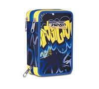 Seven School Pencil Case 3 Zip, Blue Yellow, Triple Compartment Pen Holder Complete With Pens, Pencils, Colours, Accessories Backpack, Elementary School, Children, blue, Taglia Unica