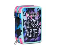 Seven School Pencil Case 3 Zip, Purple Fuchsia, Triple Compartment Pen Holder Complete With Pens, Pencils, Colours, Accessories Backpack, Elementary School, Girl, purple, Taglia Unica