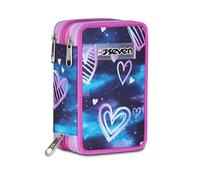 Seven School Pencil Case 3 Zip, Purple Fuchsia, Triple Compartment Pen Holder Complete With Pens, Pencils, Colours, Accessories Backpack, Elementary School, Girl, purple, Taglia Unica