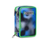 Seven School Pencil Case 3 Zip Write Down, Blue, Triple Compartment Pen Holder Complete With Pens, Pencils, Colours, Accessories Backpack, Elementary School, Children