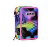 Seven School Pencil Case 3 Zip Write Down, Purple, Triple Compartment Pen Holder Complete With Pens, Pencils, Colours, Accessories Backpack, Elementary School, Girl
