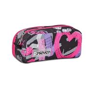 Seven School Pencil Holder 2 Zip, Fuchsia Black, Draft Heart, Double Compartment Bag with Organizer, Pockets and Elastic Pen Holders, Backpack Accessories, Medium, Top, Girls