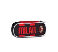 Seven School Round Plus A.C. Milan Pencil Holder, Black, Elastic Pencil Case, Inner Zip Pocket, Middle and High School, for Children and Teens, Football Official Product