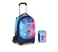 Seven School Trolley 3 Wheels - Stitch Cute and Fluffy - 3 in 1, Triple Use, Elementary School Girl + 3 Tier Stationery Case + 7 Erasable Pens and Sequins Key Ring