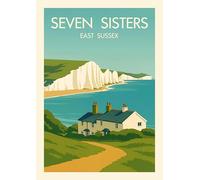 Seven Sisters East Sussex Vintage Travel Art Print, Coastal Chalk Cliffs Landscape Poster. Size A4