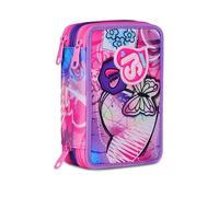 SJ GANG STYLE JAM GANG School Pencil Case 3 Zip, Fuchsia, Triple Compartment Pen Holder Complete With Pens, Pencils, Colours, Accessories Backpack, Elementary School, Girl, Fuchsia, Taglia Unica