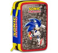 Seven Sonic 3-Zip School Pencil Case, Blue, Triple Compartment, Equipped...