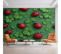 Seven-Spotted Ladybug Wallpaper for Living Room, Green Leaf Ladybug Photo Wallpaper for Bedroom 150x105 cm, Non-Woven Wall Mural, Home Decor D&O82