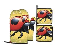 Seven Star Ladybird Printing Oven Mitts and Pot Holders Sets - Heat-Resistant, Waterproof, and Durable Kitchen Baking Four-Piece Set