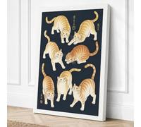 Seven Tabby Cats Japandi Canvas Wall Art Print 18x12 Inch