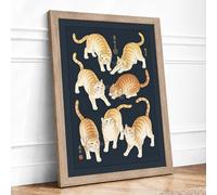 Seven Tabby Cats Japandi Framed Wall Art Print A1 (84.1×59.4cm) Oak, Wall Decor for Living Room, Bedroom, Office & Home, Ready to Hang, Art Gift