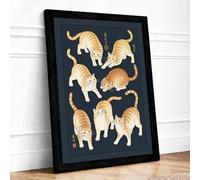 Seven Tabby Cats Japandi Framed Wall Art Print A2 (59.4×42cm) Black, Wall Decor for Living Room, Bedroom, Office & Home, Ready to Hang, Art Gift