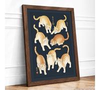 Seven Tabby Cats Japandi Framed Wall Art Print A3 (42×29.7cm) Walnut, Wall Decor for Living Room, Bedroom, Office & Home, Ready to Hang, Art Gift