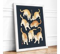 Seven Tabby Cats Japandi Framed Wall Art Print A4 (29.7×21cm) White, Wall Decor for Living Room, Bedroom, Office & Home, Ready to Hang, Art Gift