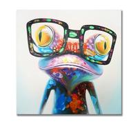 SEVEN WALL ARTS Cute Animal Painting Hand Painted Oil Painting on Canvas Stretched and Framed Modern Pop Canvas Wall Art (Frog Wears Glasses, 32 x 32 Inch)