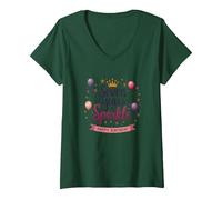 Seven Years of Sparkle Happy Birthday Princess Party V-Neck T-Shirt, Women, Forest Green, S