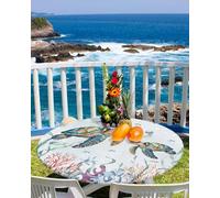 SEVENBABU Round Table Cover 55"-60", Waterproof Reusable Table Cloth Round Fitted Vinyl Tablecloth with Elastic Edged for Outdoor Party,Summer Ocean Sea Turtle Coral White Table Cover