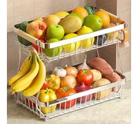 Sevenblue 2 Tier Fruit Basket for Kitchen Counter with 2 Banana Hangers, 2025 Pro Detachable Metal Fruit Bowl with Wooden Handle,Fruit Holder for Bread Snack Veggies, Silvery Extra Large