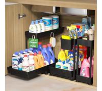 Sevenblue 3 Pack Multi-Purpose Under Sink Organizers and Storage, 2026 L-Shaped Pull Out Cabinet Organizer for Bathroom & Kitchen, Under Cabinet Organizer with Hooks Hanging Cup, Black