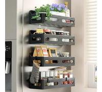 Sevenblue 4 Pack Strong Magnetic Spice Rack for Refrigerator, Multipurpose Magnetic Shelf for Fridge with 4 Hooks for kitchen and Bathroom Organization, Black