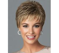 SEVENCOLORS Short Dark Brown Mixed Blonde Pixie Cut Wigs for Women Synthetic Layered Highlight Wigs with Bangs Natural Hair Replacement Wig