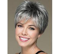 SEVENCOLORS Short Grey Pixie Cut White Grey Dark Roots Synthetic Wig Natural Look for Women
