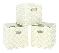 SEVENDOME Fabric Cloth Storage Bins,Fabric Cube Organizer with Dual Handles Foldable Cube Storage Baskets for Home Bedroom Storage,Set of 3,(Creamy-White Gold)