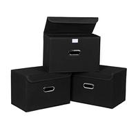 SEVENDOME Linen Fabric Foldable Collapsible Storage Cube Bin Organizer Basket with Lid, Leather Handles, Removable Divider for Home, Closet (Black, 3Pcs)