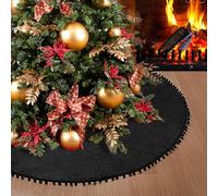 SevenFish Christmas Tree Skirt, Black Christmas Tree Skirt 48 inches Soft Double Layer Burlap Tree Skirt with Pom Pom for Rustic Christmas Halloween Decorations