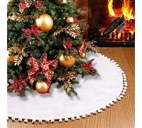 SevenFish Plain White Christmas Tree Skirt, 30 inches Small Soft Double Layer Burlap Farmhouse Tree Skirt with Pom Pom for Rustic Christmas Decorations