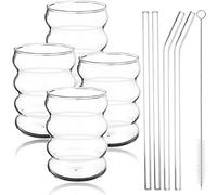 SevenMye 4 Pack Creative Beer Glasses Cups Ripple Shaped Vintage Clear Drinking Glasses with Straws Set Cute Drinking Glasses Coffee Glasses Ribbed Glassware Aesthetic Cups for Kitchen Juice Beverage