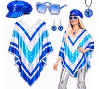 SEVENPARK 70s Fancy Dress Women & Abba Accessories Set; 5 Pcs Disco Outfits for Lady, Includes Sequin Hat, Sunglasses, Necklace, Earrings & Top, Retro Hippie Theme Party Costume for Adult.