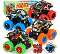 SevenQ Monster Truck Toys Cars for Boys, 4 Pack Race Cars Party Favors Age 3+ for Kids Push and Go Flip Stunt Pull Back Cars, Toddler Toys Classroom Prizes Christmas Goodie Bag Stuffers Birthday Gifts