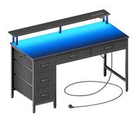 Seventable 120cm Computer Desk with LED Lights, USB Ports & Power Outlets, Monitor Stand and 5 Storage Drawers - Home Office Desk, Study Desk for Bedroom or Small Spaces, Black