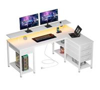 Seventable 120cm L Shaped Computer Desk with LED Lights, USB Ports, Power Outlets, Monitor Stand & Storage Drawers(Reversible Design) - Modern Corner Desk for Bedroom or Home Office, White