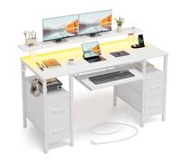 Seventable Gaming Desk 120 cm with USB Sockets & Ports, RGB LED, Desk with Storage and 4 Fabric Drawers, Ergonomic Keyboard Tray and Adjustable Monitor Stand,White