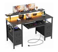 Seventable Gaming Desk 120 cm with USB Sockets & Ports, RGB LED, Desk with Storage and 4 Fabric Drawers, Ergonomic Keyboard Tray and Adjustable Monitor Stand, Black