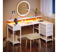 Seventable L Shaped Computer Desk with LED Lights, USB Ports, Power Outlets, Monitor Stand & Storage Drawers - Modern Corner Desk for Bedroom or Home Office, White