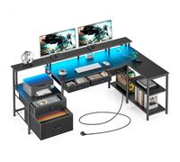 Seventable L Shaped Computer Desk with USB Ports, Power Outlets, LED Strip, Drawers & File Cabinet, Reversible Corner Gaming Desk with Monitor Shelf & Storage for Home Office, Black