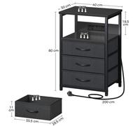 Seventable LED Bedside Table with Charging Station & 3 Storage Drawers - Small Nightstand with Double Plug Adaptor & 2 USB - Slim Bedside Cabinet for Bedroom Living Room Sofa Couch